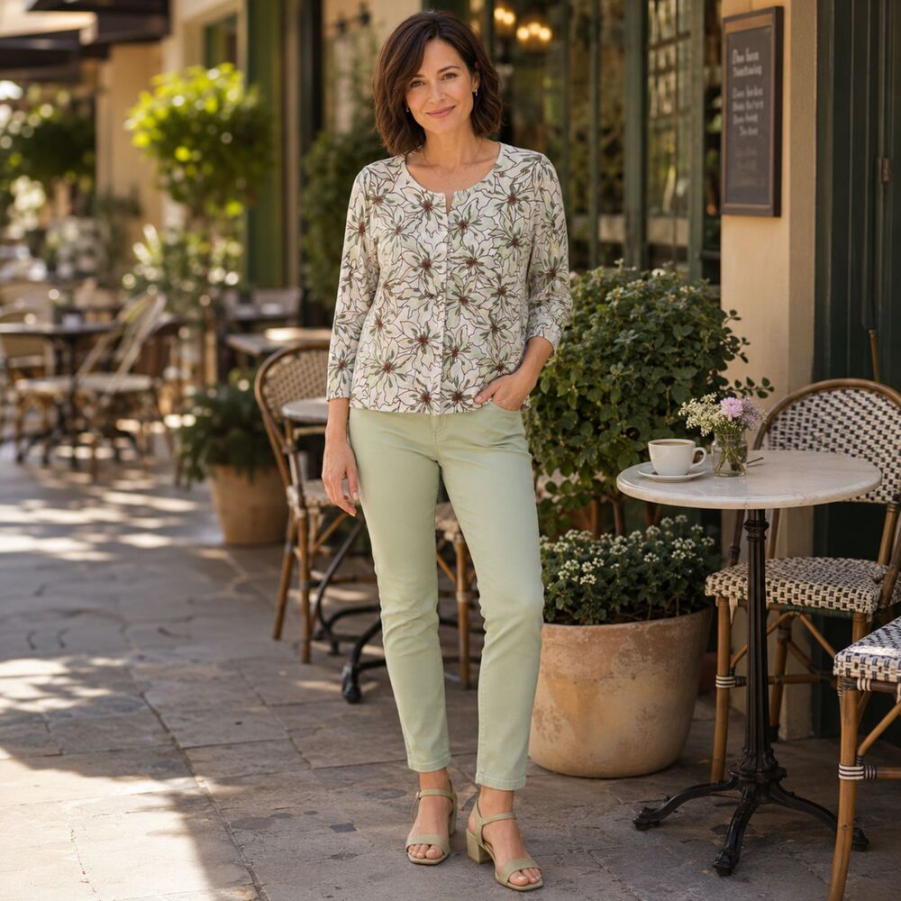 Pacific Heights Floral 3/4 Sleeve Sweater Size Large Cream Sage Green